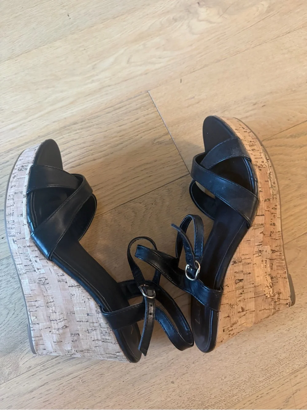 Lulu's Black Leather Cork Wedge Sandals